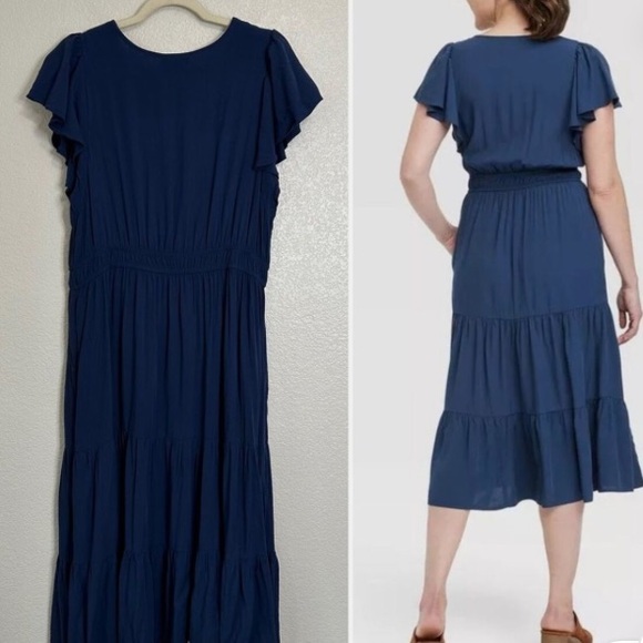 Knox Rose vneck flutter sleeve navy blue dress - Picture 3 of 6